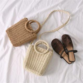 Hoop-handle Woven Rattan Shoulder Bag
