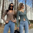 Long Sleeve Plain Zip-up Ribbed Knit Crop Top
