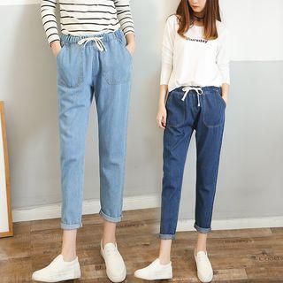 Drawstring Straight Cut Cropped Jeans