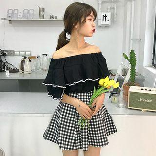 Elbow-sleeve Off Shoulder Top / Plaid Skort