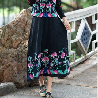 Flower Embroidered Maxi A-line Skirt