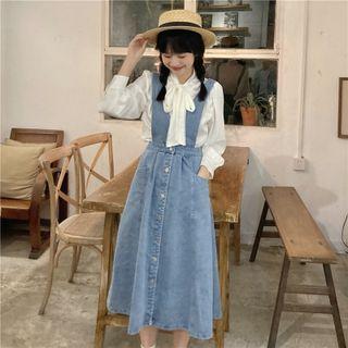 Tie-neck Blouse / Button-up Denim Midi Overall Dress