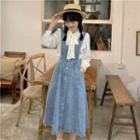 Tie-neck Blouse / Button-up Denim Midi Overall Dress