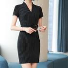 Short-sleeve Striped V-neck Mini Sheath Dress