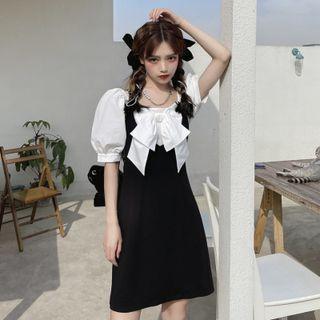 Short-sleeve Bow Accent Mini A-line Dress / Long-sleeve Mini Dress