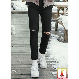 Slit-knee Brushed-fleece Lined Slim-fit Pants