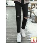 Slit-knee Brushed-fleece Lined Slim-fit Pants