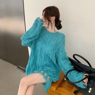 Long-sleeve Distressed Cable Knit Sweater /faux Leather Belt Bag