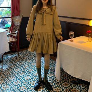 Long-sleeve Ribbon A-line Dress Khaki - One Size