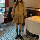 Long-sleeve Ribbon A-line Dress Khaki - One Size