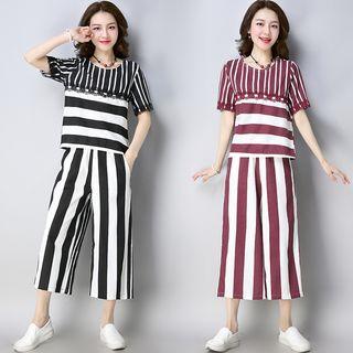 Set: Short-sleeve Striped Top + Wide-leg Cropped Pants