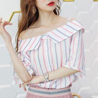 Elbow-sleeve Cold Shoulder Striped Blouse