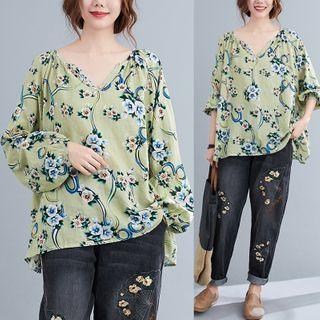Floral V-neck Long-sleeve Blouse Floral Print - Light Green - One Size