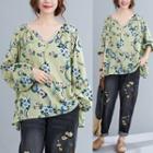 Floral V-neck Long-sleeve Blouse Floral Print - Light Green - One Size