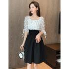 Square-neck Elbow-sleeve Mini A-line Dress