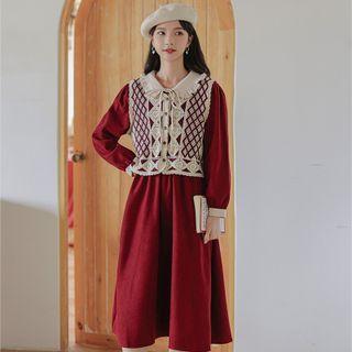 Set: Long-sleeve Dress + Perforated Vest