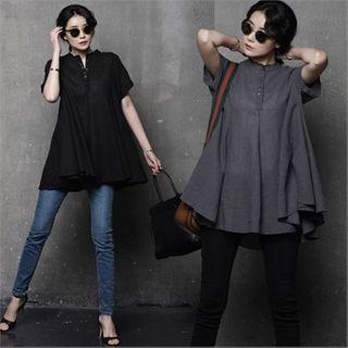 Half-placket Linen Blend Flared Blouse
