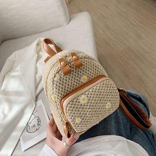 Flower Embroidered Straw Backpack