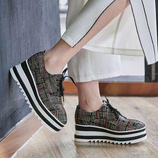 Plaid Lace-up Genuine Leather Platform Shoes