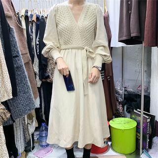 Lantern-sleeve Cable-knit Midi A-line Dress