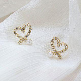 925 Sterling Silver Rhinestone Faux Pearl Heart Stud Earring 1 Pair - S925 Sterling Silver Stud Earring - One Size