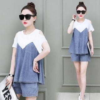Set: Denim Panel Short Sleeve T-shirt + Shorts