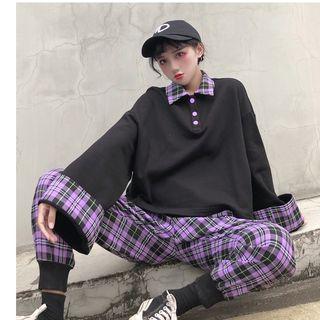 Plaid Panel Long-sleeve Polo Shirt / Plaid Straight Cut Pants