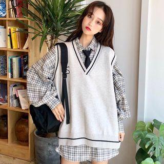 Long-sleeve Tie-neck Plaid Shirt / Knit Vest / Set