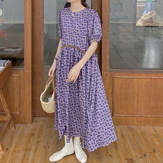 Flower Print Puff-sleeve Midi Shift Dress Purple - One Size