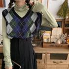 Plain Turtle-neck Long-sleeve Top / Color-block Knit Vest