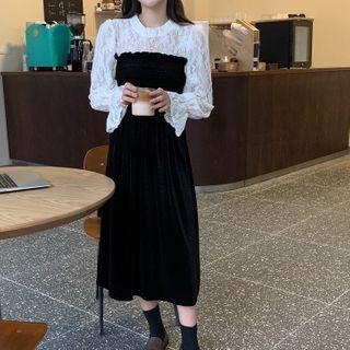 Bell-sleeve Lace Panel Midi A-line Dress Black - One Size