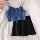 Tie-strap Cropped Camisole Top / High-waist Mini A-line Skirt