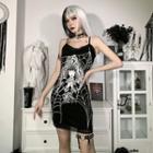 Spaghetti Strap Lace Trim Graphic Print Mini Sheath Dress