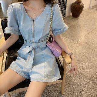 Denim Short-sleeve Playsuit Blue - One Size