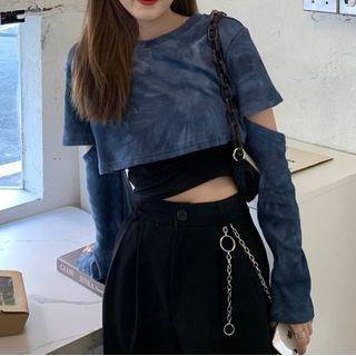 Long-sleeve Tie-dyed Cropped T-shirt Tie Dyed - Dark Blue - One Size