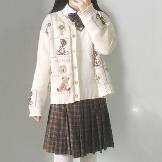 Bear Pattern Cardigan / Plaid Pleated Skirt