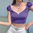 Balloon-sleeve Ribbed Cropped T-shirt