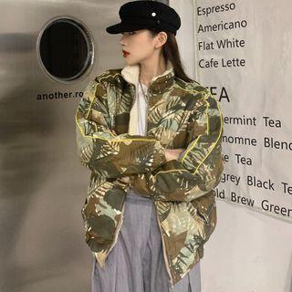 Fleece-lined Leaf Print Zip Jacket