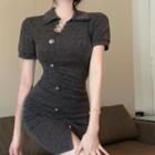 Short-sleeve Collar Mini Sheath Dress Dark Gray - One Size