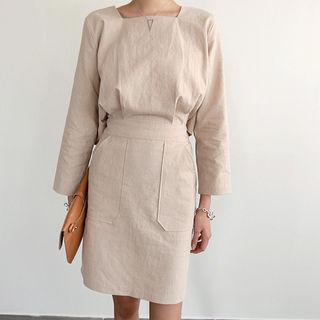Square-neck Linen Blend Sheath Dress