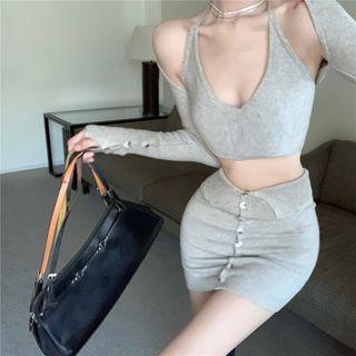 Knit Cropped Camisole Top / Shrug / Mini Pencil Skirt