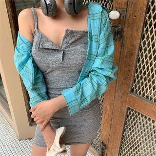 Spaghetti-strap Henley Mini Sheath Dress / Plaid Shirt