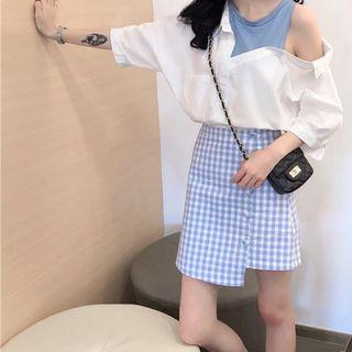 Mock Two Piece Elbow-sleeve Shirt / Plaid A-line Skirt