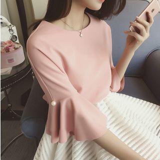 Faux Pearl Elbow Sleeve Chiffon Blouse