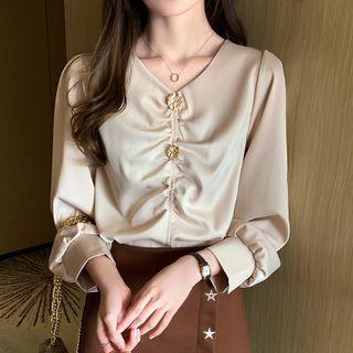 Long-sleeve V-neck Satin Chiffon Shirt