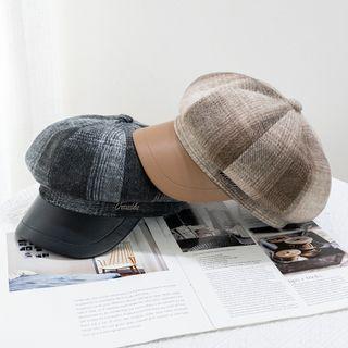 Faux Leather Brim Plaid Newsboy Cap