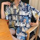 Elbow-sleeve Comic Print Shirt As Shown In Figure - One Size