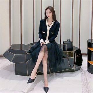 Set: Contrast-trim Cardigan + Tulle-hem Dress