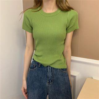 Short-sleeve Plain Ribbed Knit T-shirt