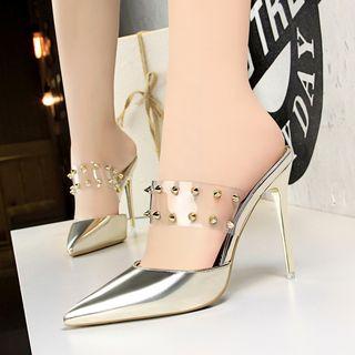Studded Pointed High Heel Mules